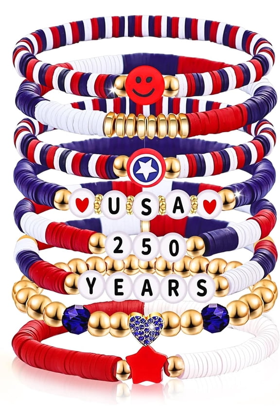 250 Anniversary Usa Merchandise 4Th of July Outfits for Women Men Teens Red White Blue Clay Beaded Stretch Bracelets Usa Patriotic Jewelry 4Th of July Accessories