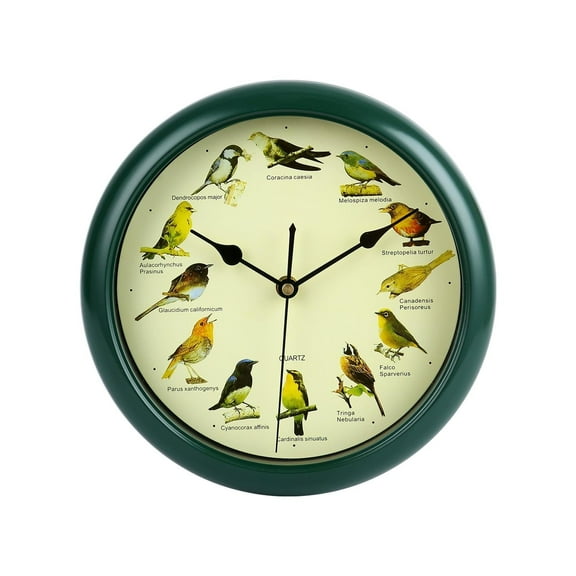 DESIGNICE 25Cm Musical Bird Clock Wall Hanging Sound Clock Room Decoration Decorative Green Frame Melody Clock for Bedroom Housewarming Gift
