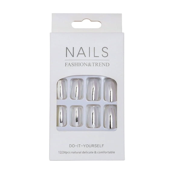 DESIGNICE 25Pcs Fake Nails,Instant Use Nails Press Ons,Simple and Elegant Smooth Surface Press on Nails for Women,Silver,Silver
