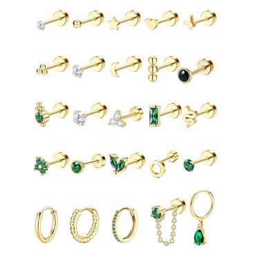 LOREMOW 20G 18Pairs Surgical Steel Threadless Stud Earrings For Women Men Hypoallergenic CZ Flatback Earrings Star Moon Cartilage Helix Tragus Lobe Stud Earring Set For Multiple Piercing B-6