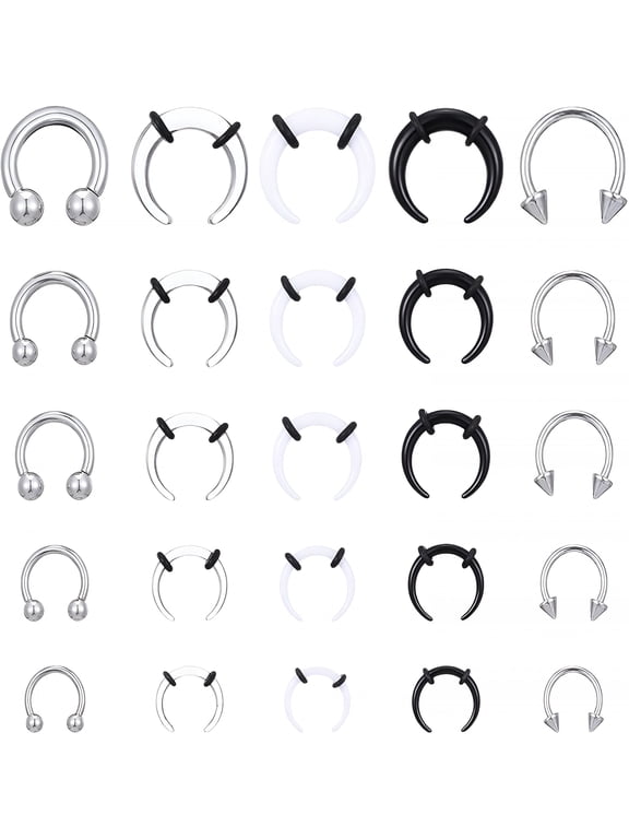 25Pcs Septum Stretching Kit Acrylic Stainless Steel Tapers Horseshoe Rings Spikes 14G-6G Nose Cartilage Piercing Jewelry for Men Women