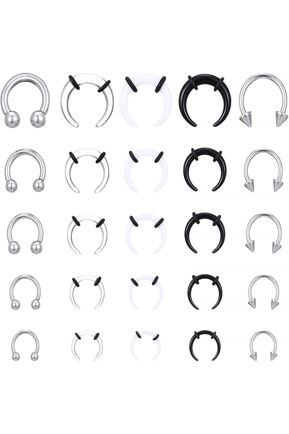 25pcs Septum Stretching Kit Acrylic Stainless Steel Septum Pincher Tapers Horseshoe Septum Rings Internally Threaded Spike Ear Cartilage Nose Stretch Kit for Women Men