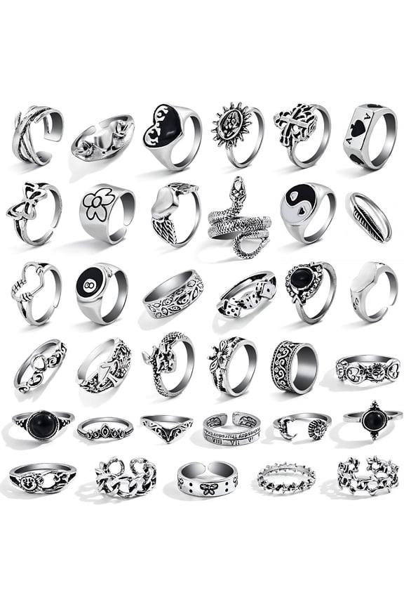 26-35Pcs Vintage Silver Knuckle Rings Set,Grunge Gothic Rings Chunky Aesthetic Snake Stackable Adjustable Punk Bulky Finger Alt Fairy Skull Frog Heart Star Flower Midi Ring Pack