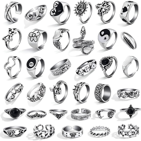 DESIGNICE 26-35Pcs Vintage Silver Knuckle Rings Set,Grunge Gothic Rings Chunky Aesthetic Snake Stackable Adjustable Punk Bulky Finger Alt Fairy Skull Frog Heart Star Flower Midi Ring Pack
