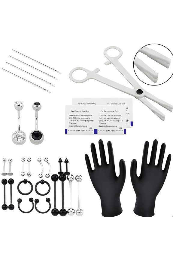 28 PCS Piercing Kit,Professional Precision Nose Piercings,Safe and Painless Design Nose Piercing Kit,Black