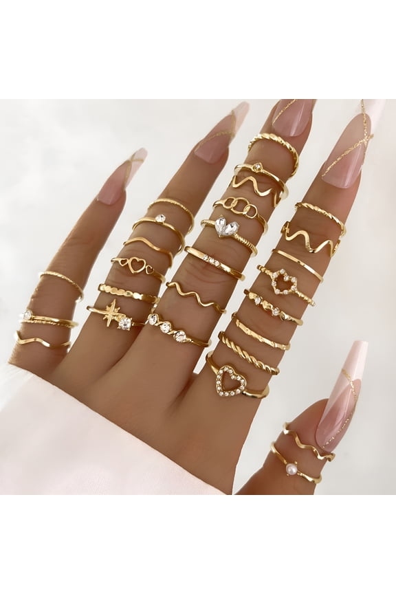 28 Packs Stackable Gold Rings for Women, Gold Stacking Ring Set Vintage Boho Ring Set Butterfly Heart Pearl Rhinestone Stackable Statement Rings for Women