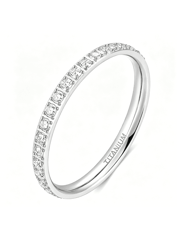 2Mm Women Titanium Eternity Ring Cubic Zirconia Anniversary Wedding Engagement Band Size 3-13.5