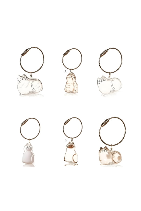 2PCS Cat Hair Memorial Keychain Transparent Pet Fur Keepsake Capsule with 6 Styles (Chubby Cat,Tabby Kitten,Orange Cat,Siamese Cat,Mustache Cat,Calico Cat) Cute Accessory for Cat Lovers