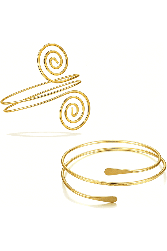 2PCS Gold Coil Swirl Upper Arm Bracelet for Women Open Upper Arm Cuff Bangle Armlet Gold Silver Adjustable Armband Bracelet Set