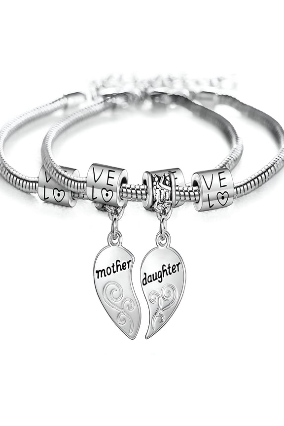 2PCs Matching Heart Mother Daughter Bracelets Set Gift for Mom or Daughter
