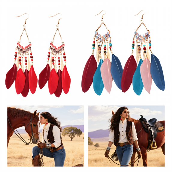 DESIGNICE 2Pairs Western Earrings,Alloy Cowgirl Earrings,Retro Accent Western Jewelry for Women,6"X1.6",Style2