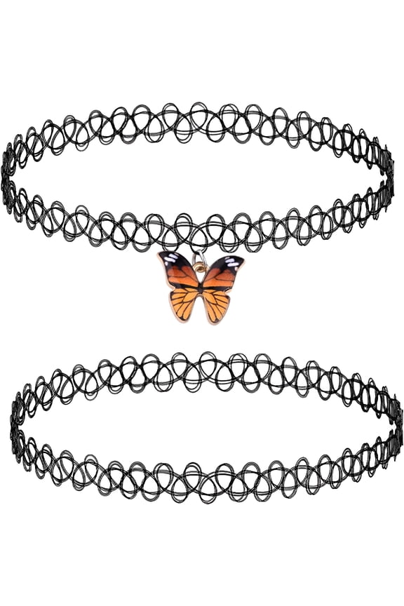 2Pc Tattoo Choker Necklace 90S Choker Necklace Women Black Chokers Rainbow Choker Butterfly Ying Yang Unicorn Rainbow Charms Stretchy Elastic Necklace