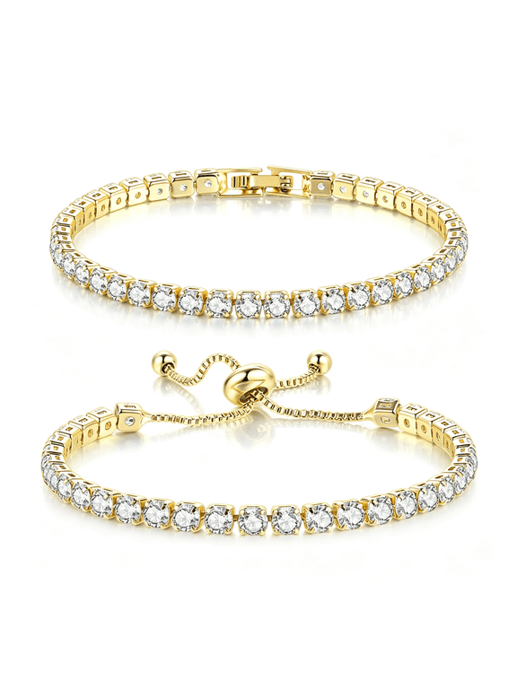 2Pc Tennis Bracelets for Women 14K Gold Plated Aaa+ Cubic Zirconia Cz Diamond Classic Adjustable Slider Bracelet Fashion Jewelry Wedding Gift Size 6.5-7.5 Inch