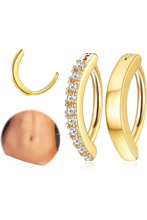 2Pcs 14G Clicker Belly Button Ring for Women Surgical Steel CZ Opal Belly Ring Simple Reverse Navel Rings Body Jewelry