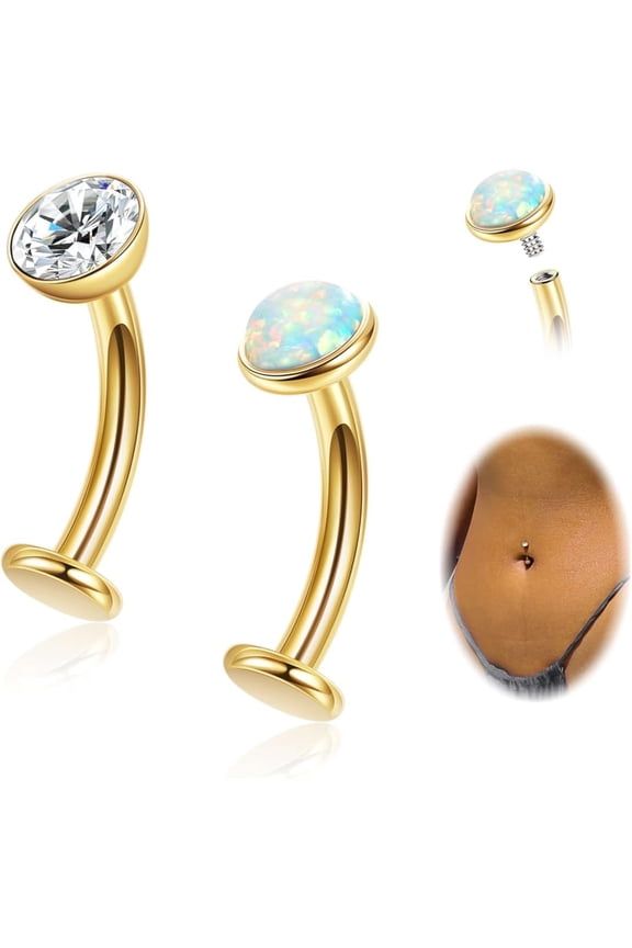 2Pcs 14G F136 Titanium Floating Belly Button Rings for Women Flat Back CZ Belly Rings Opal Curved Navel Rings Disc Bottom Belly Piercings Jewelry 8/10/12/14mm