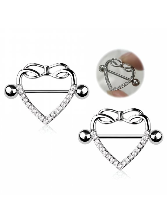 2Pcs 14G Surgical Steel Nipple Rings Shield Crystal Clear Cz Infinity Heart Nipple Barbells Dainty Nipplerings Piercing Jewelry 14Mm 9/16 Inch