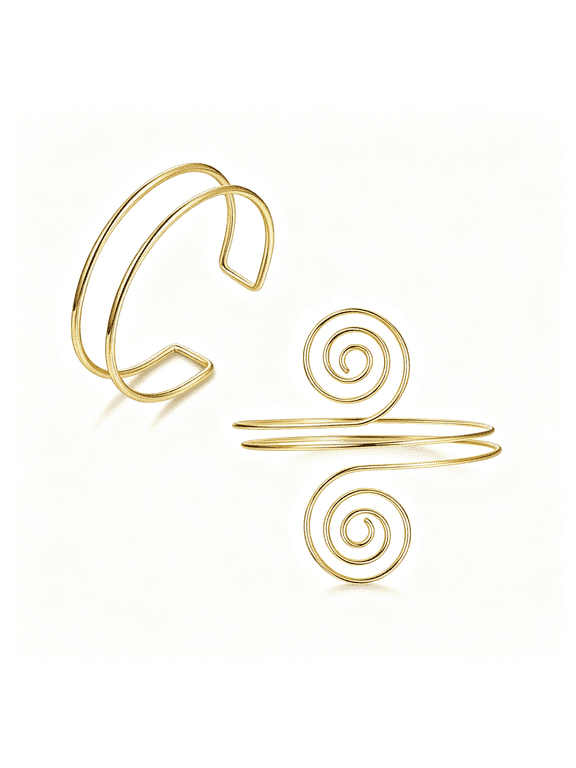2Pcs Arm Cuff Gold Upper Arm Cuff for Women Adjustable Upper Arm Bracelets Open Irregular Arm Bangle Minimalist Coil Swirl Armlets Armband Jewelry