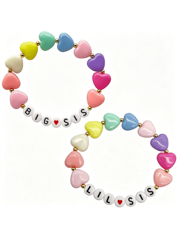 2Pcs Big Sister and Little Sister Bracelets-Gifts with Letter and Heart Acrylic Beads-Announcement Jewelry with Round Beads Big Sister Bracelet