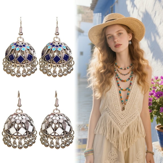 DESIGNICE 2Pcs Boho Earrings,Fishhook Earrings Statement Earrings,Bell Tassel Hollow Earrings for Women,Style1