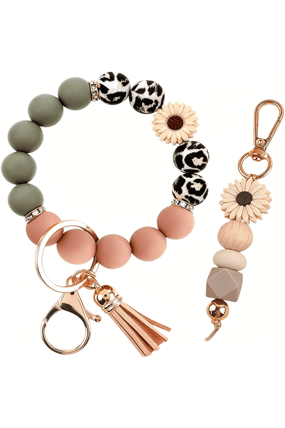 2Pcs Bracelet Key Ring Set,Cute Car Key Chain Wristlet,Silicone Beaded Bangle Keychains for Women Girls