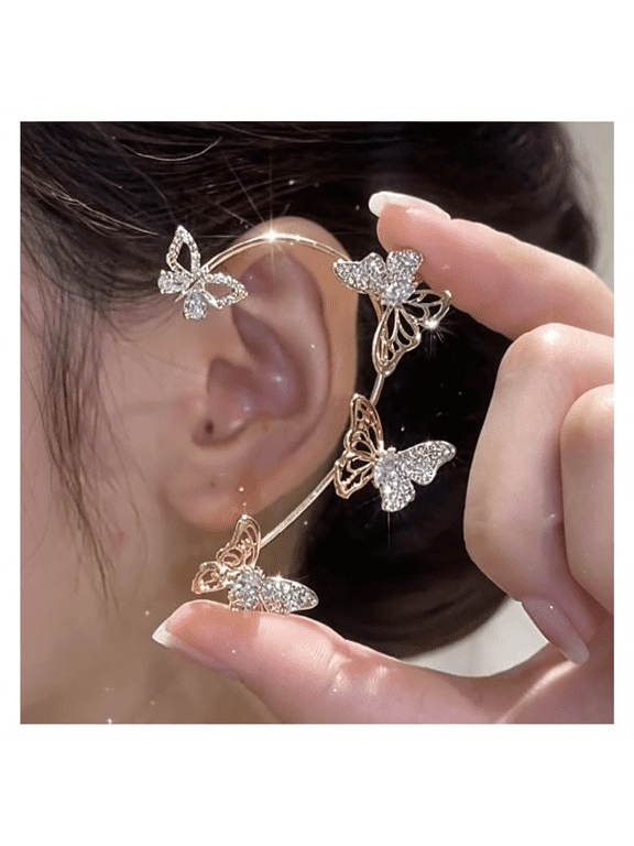 2Pcs Butterfly Ear Cuffs Rhinestone Clip on Earrings | Rhinestone Butterfly Ear Cuffs with Non Piercing Clip on Design; Silver Ear Wrap Climber Jewelry for Parties and Weddings