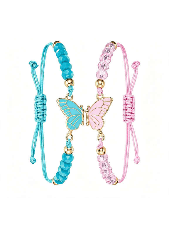 2Pcs Butterfly Friendship Bracelets,Adjustable Matching Bracelets Cord for Valentine,Bff Bracelet for Friends,Couple,Butterfly Handmade Charm for Valentine'S Gifts(Pink,Blue)