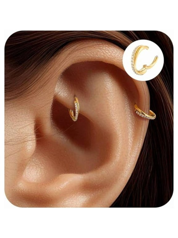 2Pcs Cartilage Helix Piercing Earrings for Women Titanium Rook Jewelry Small Double Hoop Conch 16G Tragus 14K Gold Plated Hypoallergenic for Sensitive Ears Small Hoops Earrings for Women