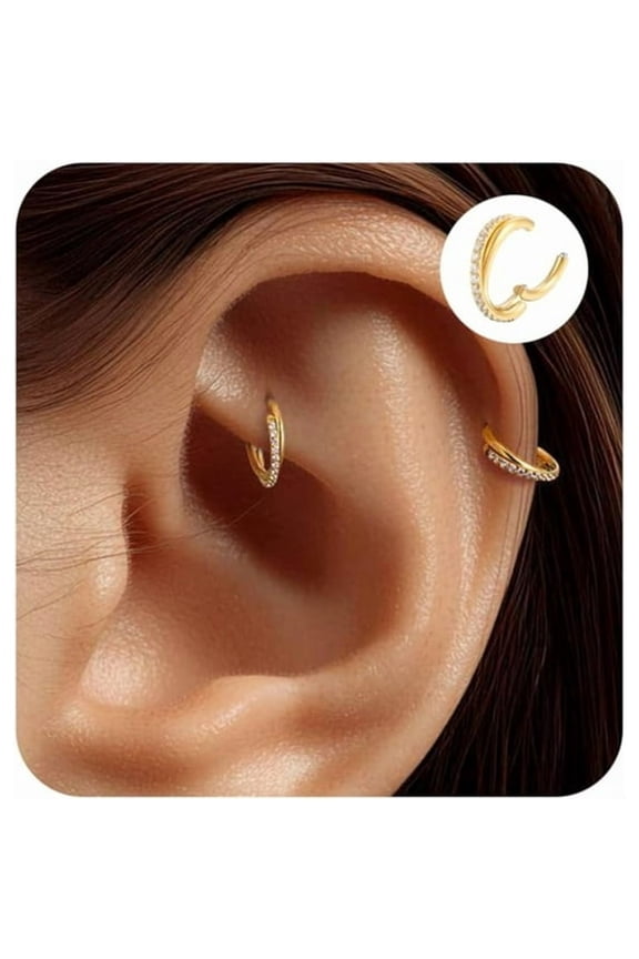 2Pcs Cartilage Helix Piercing Earrings for Women Titanium Rook Jewelry Small Double Hoop Conch 16G Tragus 14K Gold Plated Hypoallergenic for Sensitive Ears Small Hoops Earrings for Women