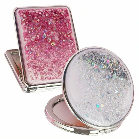 DESIGNICE 2Pcs Compact Mirror,Dynamic Glitter Effect Compact Mirror Bulk,Clear Makeup Check Small Mirror for Purse,Multicolor2