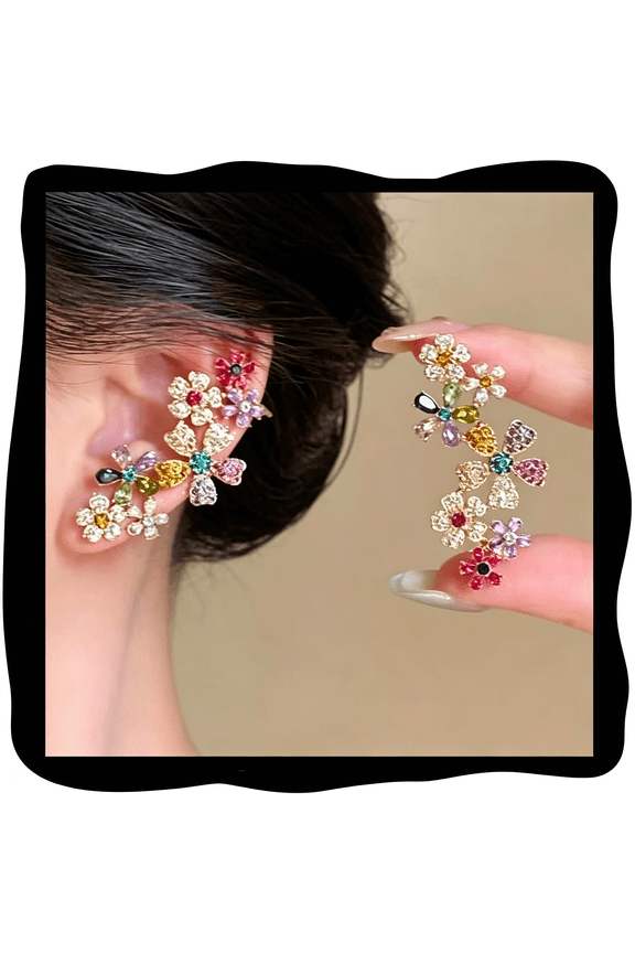 2Pcs Crystal Floral Ear Cuffs Multicolor Flower Fairy Ears for One/Clip on Dainty Elves Ear Wrap Earrings Non-Pierced Fake Earrings for Cosplay Costume Statement Cartilage Climber Earring