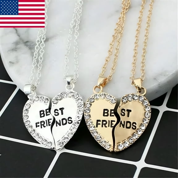 DESIGNICE 2Pcs Crystal Heart Pendant Necklace Gold & Silver Jewelry Bff Best Friend Gift