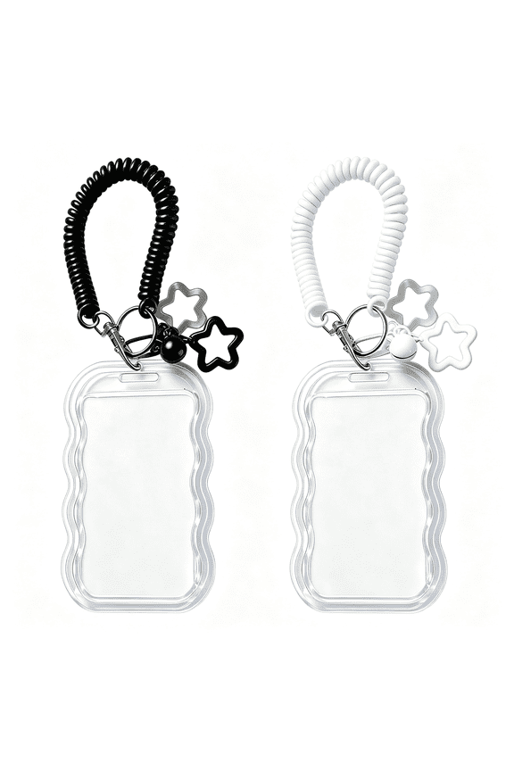 2Pcs Cute Photocard Holder Keychain Kpop Photo Card Holder,Transparent Pc Holder with Star Wave Design for Bus Student Card,Creative Photo Protector Keychain(Black and White)