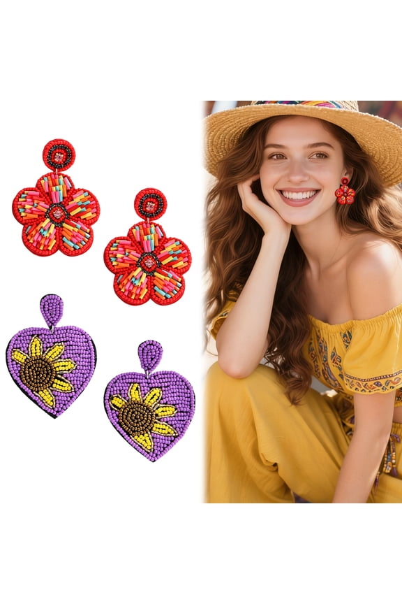 2Pcs Drop Earrings,Beach Vacation Earrings,Seed Bead Flower Heart Earrings for Women,Vintage Jewelry Gifts for Her