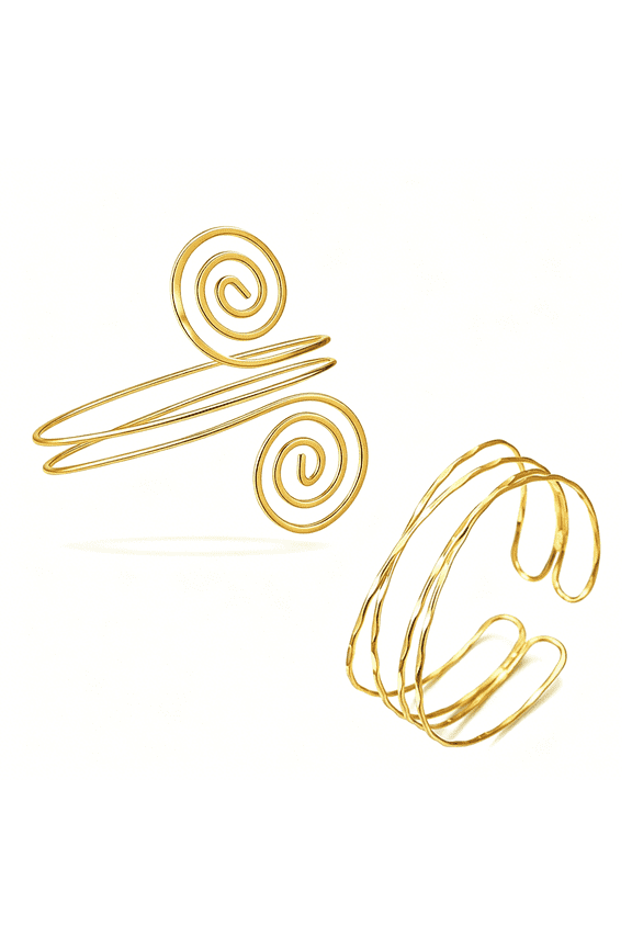 2Pcs Gold Coil Swirl Upper Arm Bracelet for Women Open Upper Arm Cuff Bangle Armlet Gold Silver Adjustable Armband Bracelet Set