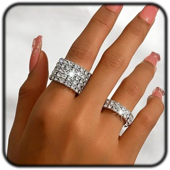 DESIGNICE 2Pcs Gold Crystal Stretch Rings Set for Women Bling Rhinestone Elastic Knuckle Ring Sparkly Stretchy Stack Statement Finger Jewelry Silver Accessories
