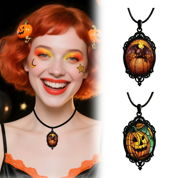 DESIGNICE 2Pcs Goth Accessories,Halloween Pumpkin Bats Black Necklaces for Women,Leather Chain Alloy Goth Jewelry,For Men and Women,Mix3