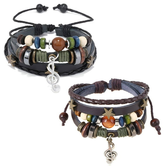 DESIGNICE 2Pcs Gothic Jewelry,Beads Leather Combination Goth Accessories,Musical Note Pendant Goth Jewelry,Black&Brown