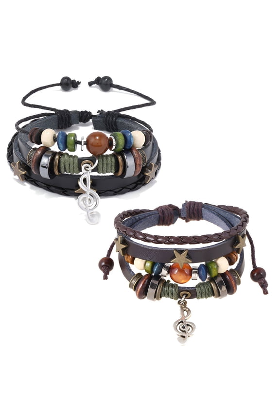 2Pcs Gothic Jewelry,Beads Leather Combination Goth Accessories,Musical Note Pendant Goth Jewelry,Black&Brown