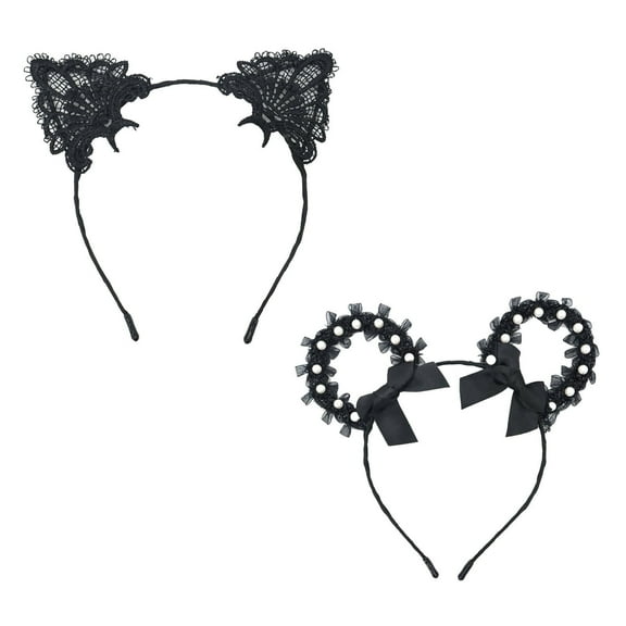 DESIGNICE 2Pcs Headbands for Women Lace Cat Ears Headband Sexy Black Hair Band Pearl-Embedded Hair Accessories for Women Cute & Flirty Hair Bands 17x18cm,Group2