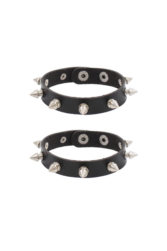 2Pcs Leather Bracelet,Punk Rock Studded Charm Bracelet,Street Style Bracelets,Black