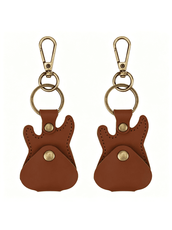 2Pcs Leather Guitar Pick Holder Keychains,Portable Guitar Shaped Plectrum Case Key Chain Charm Ring Keyring with Snap Hook Pick Storage Bag for Music Players & Lovers