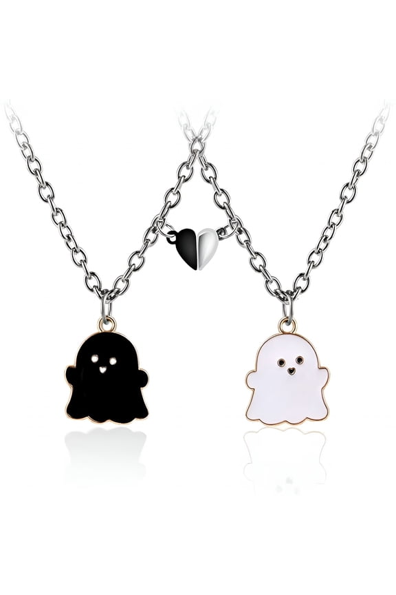 2Pcs Lovely Magnetic Love Heart Ghost Pendant Necklace Set for Women Men Best Friend Enamel Mutual Attract Magnet Couple Matching Necklace Jewelry Birthday Gift