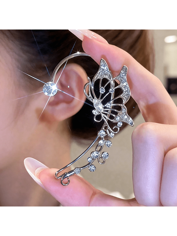 2Pcs Rhinestone Butterfly Earrings Ear Cuffs Non-Pierced Fake Earrings Butterfly Climber Wrap Around Earring Dainty Adjustable Ear Clip Jewelry for Women