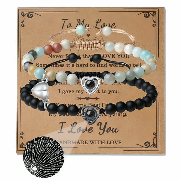 DESIGNICE 2Pcs Set His Her Matching Bracelets Projection 100 Languages I Love You Couple Bracelets Heart Pairing Adjustable Beads Jewelry Gift