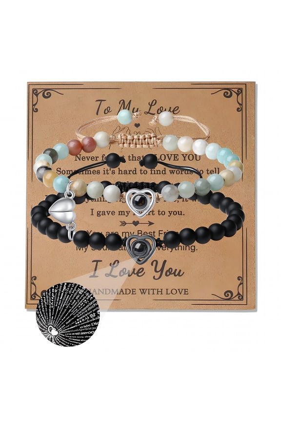 2Pcs Set His Her Matching Bracelets Projection 100 Languages I Love You Couple Bracelets Heart Pairing Adjustable Beads Jewelry Gift