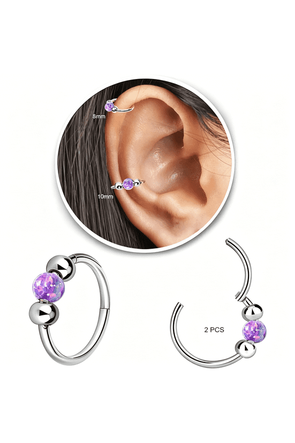 2Pcs Small Cartilage Hoop Earrings for Women Men,18G Opal Silver Earrings Hypoallergenic 316L Surgical Steel Hinge Huggie Hoop Earrings for Tragus,Rook,Earlobe Piercing Jewelry Nose Ring