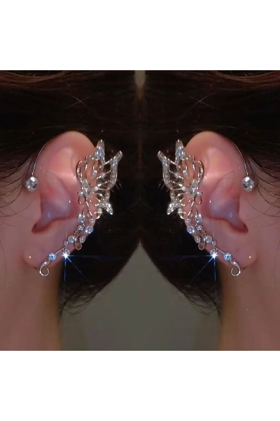 2Pcs Sparkly Rhinestone Butterfly Ear Cuff Earrings Fairy Crystal Cuffs Climber Wrap Around Non-Piercing Clip Fake Jewelry for Women