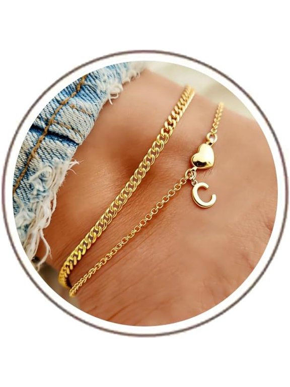 2Pcs Waterproof Initial Ankle Bracelets for Women 14K Gold Plated Dainty Layered Letter A-Z Pendant Heart Chain Ankle Bracelets Non Tarnish Summer Jewelry,8 + 2 Inches
