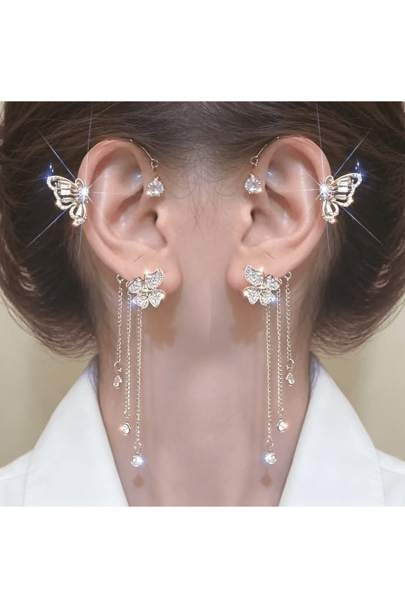 2Pcs Zircon Butterfly Ear Cuff Earrings for Women No Piercing Ear Clip Wrap Around Fake Earrings Crawler Rhinestone Wrap Earrings