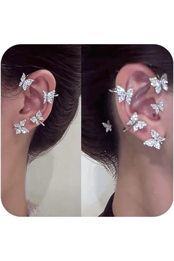 2Pcs Zircon Butterfly Ear Cuff Earrings for Women No Piercing Ear Clip Wrap Around Fake Earrings Crawler Rhinestone Wrap Earrings